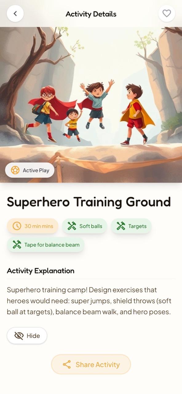 Playwise activity detail screen showing Superhero Training Ground with materials and instructions