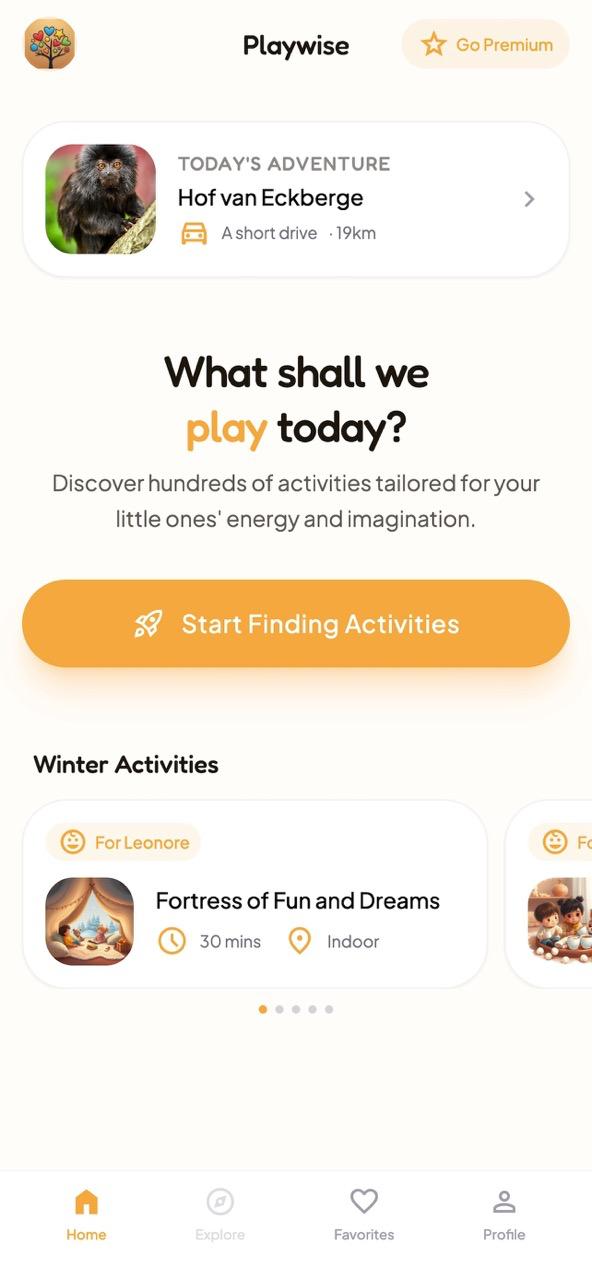 Playwise home screen with personalized activity suggestions