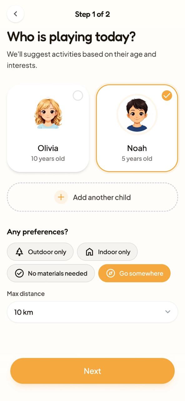 Playwise child selection screen with multiple profiles and preferences